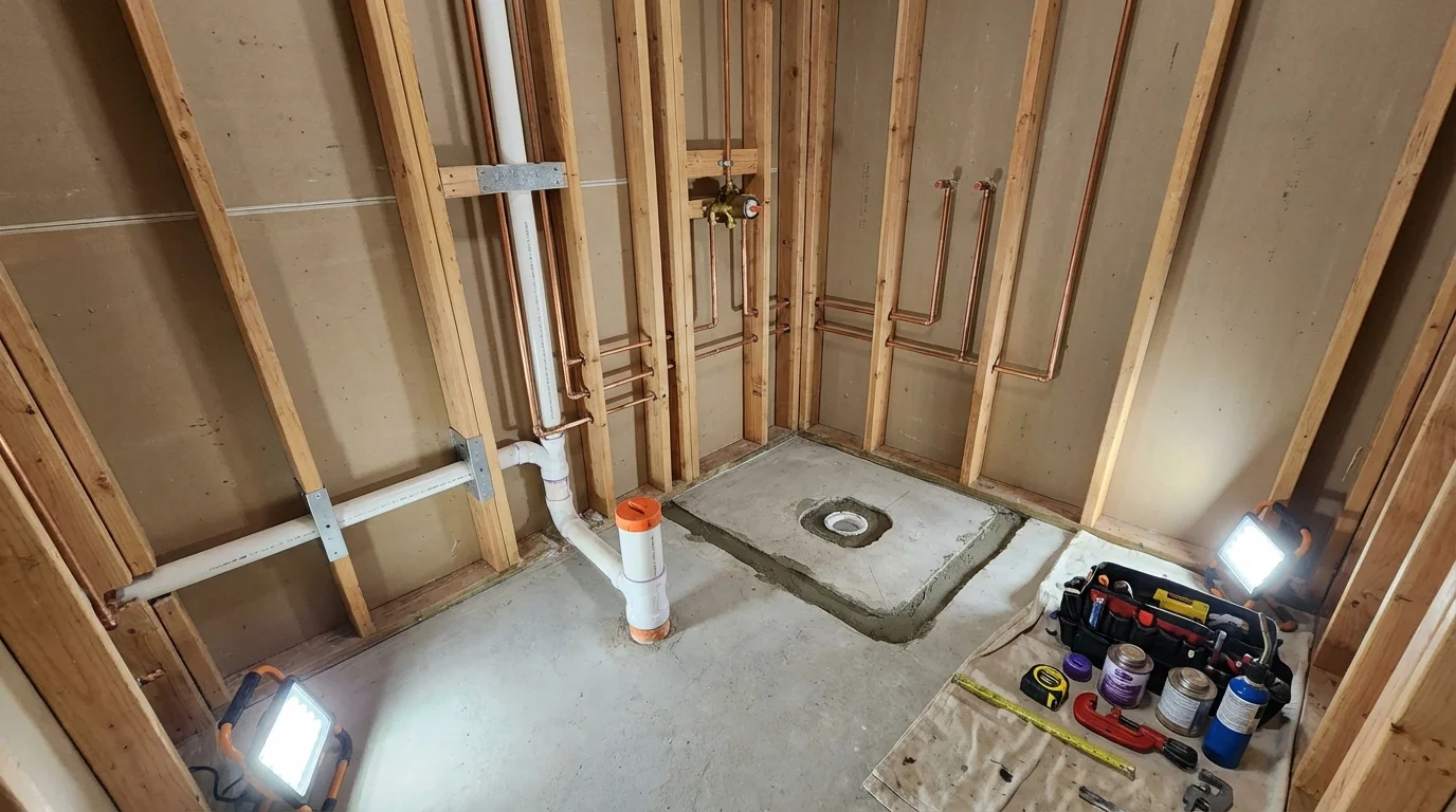 Bathroom rough-in plumbing during remodel by Johns Plumbing LLC in Shortsville