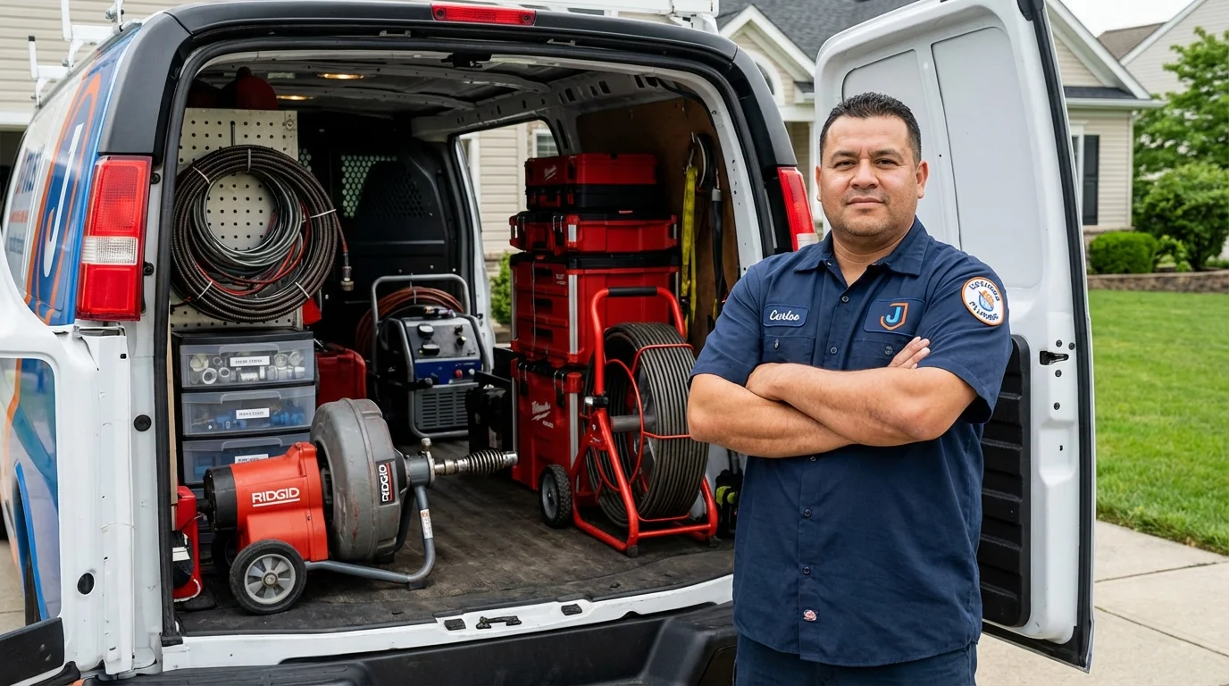 Professional drain cleaning equipment and Johns Plumbing LLC plumber in Shortsville