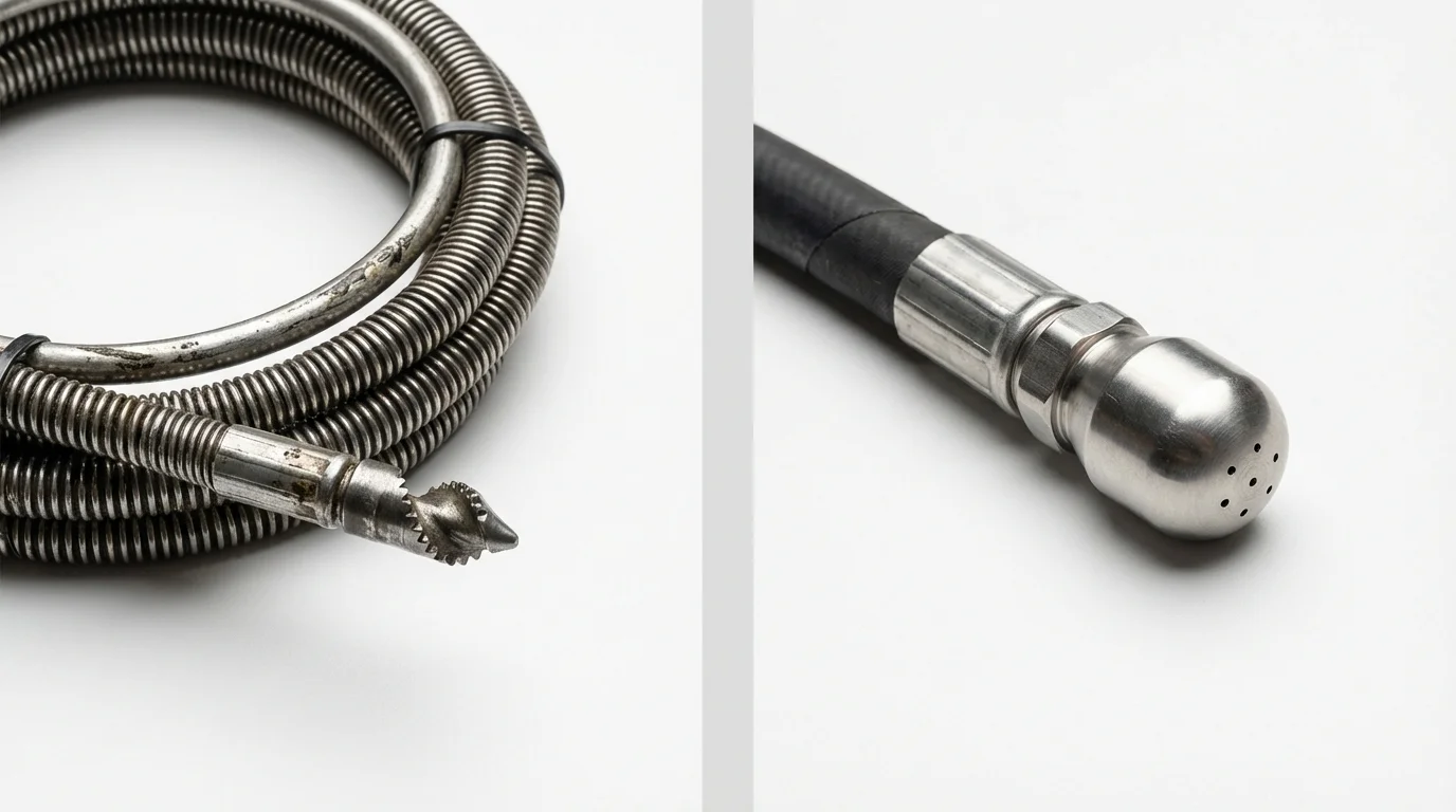 Drain snake cable and hydro jetting nozzle used for drain cleaning in Shortsville, NY