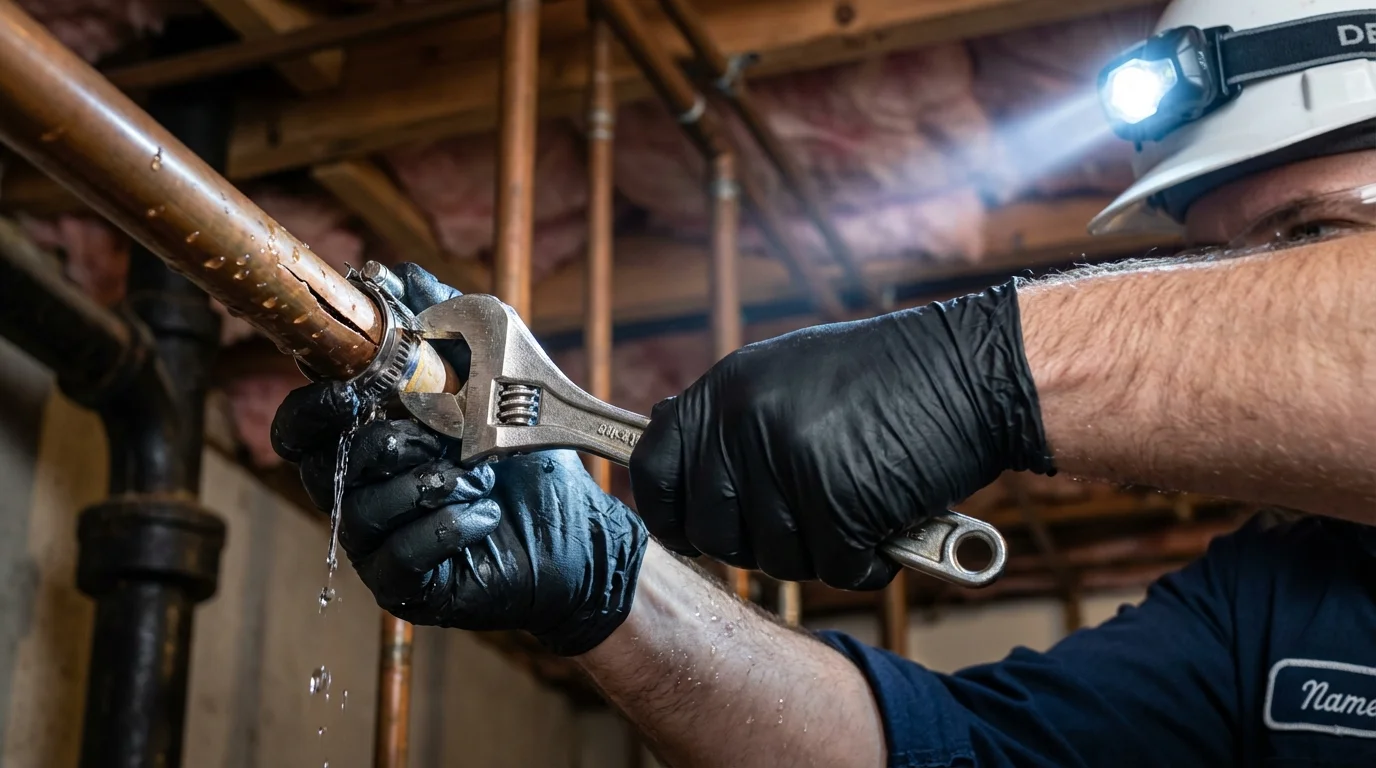 Emergency pipe clamp repair being performed by a Johns Plumbing LLC plumber in Shortsville