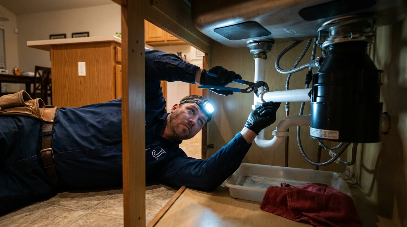 P-trap and supply line connections under a kitchen sink showing a common leak point in Shortsville, NY